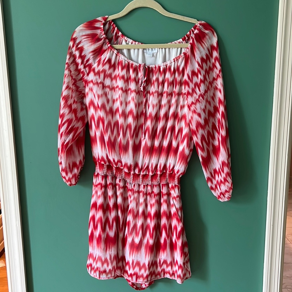 New York and Company, orange-red and white romper, size small